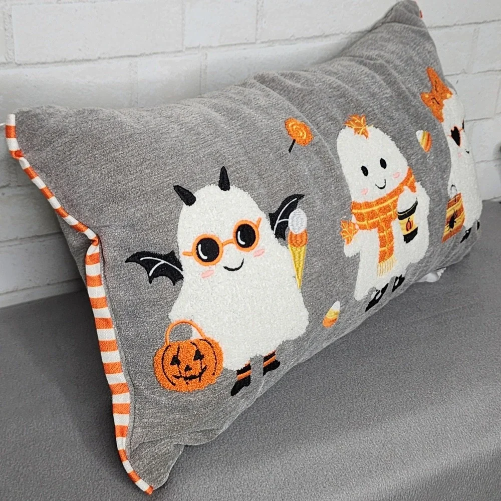 Halloween Ghost Lumbar Pillow Gray Embroidered Candy Corn Pumpkin Fall 14x24 NEW